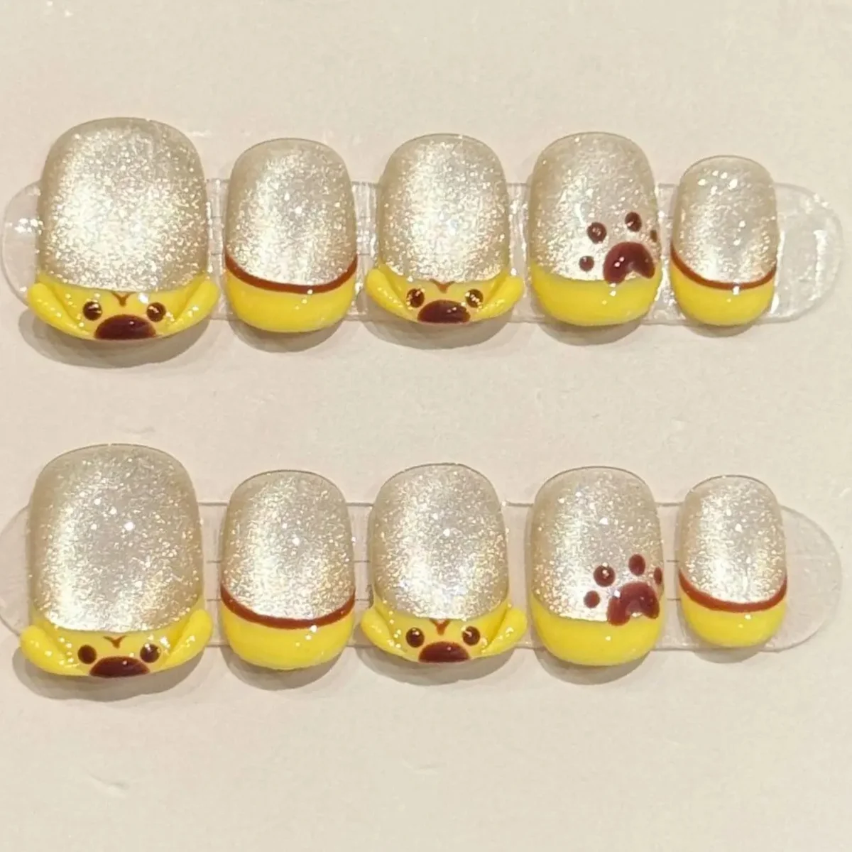 

10pcs Yellow French Style Handmade Fake Nails Kawaii Brown Cat Designs Press On Nails Sweet Cat's Eye Short Round False Nail