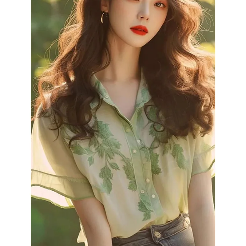 

Stunning Summer Women's irt Ultra-light Luxury Faionable ort Sve Chiffon Top Beautiful Ele Regular Length Polyes...