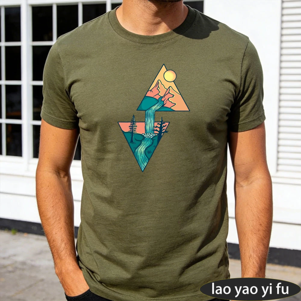 Geometric Triangle Mountain Stream Forest Sunset Art Print T Shirt Men Outdoor Nature Minimal Tees Daily Office Commuting Outfit