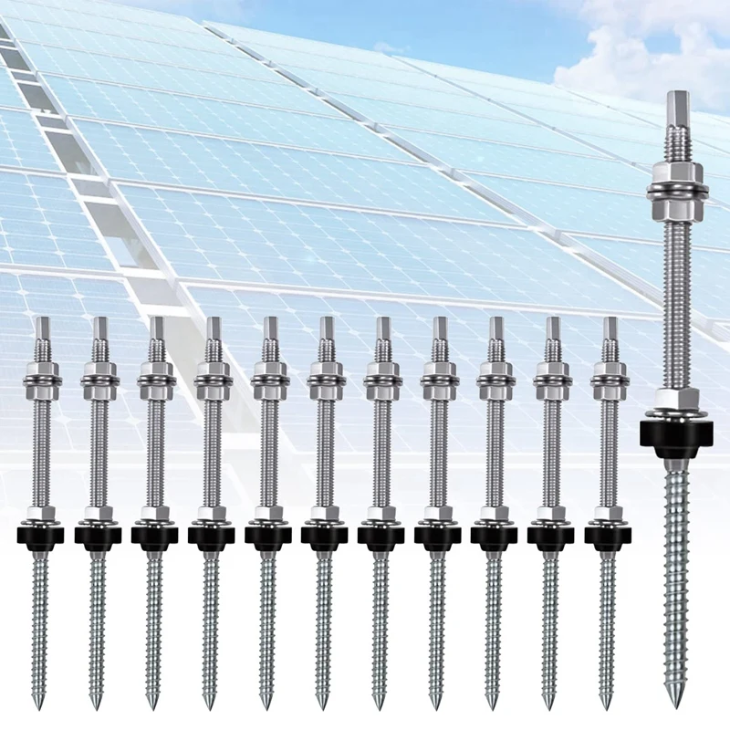 Stainless Steel Hanger Bolts M10 X 200 Mm, Pre-Assembled, V2A, Height-Adjustable, For Photovoltaic Solar Mounting Roofs, 8 Pack