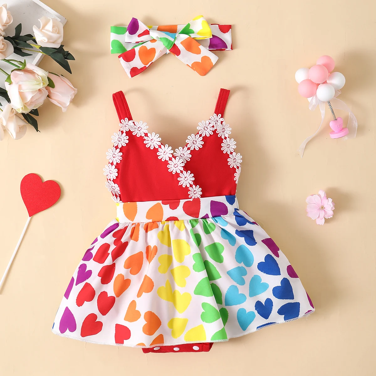 Baby Girl Halter Lace Peach Heart print cute dress