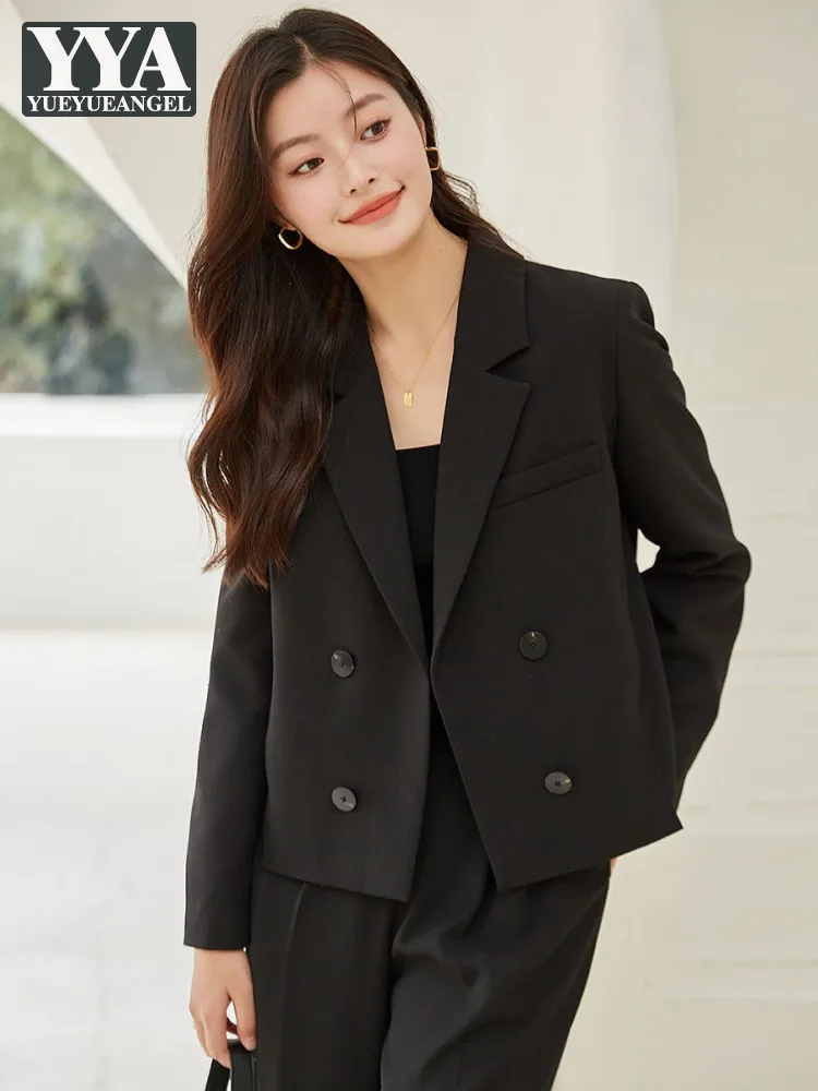 Spring Elegant Office Ladies Double Breasted Black Suit Jacket Fashion Casual Classic Design Lapel Women Blazers Short Coat