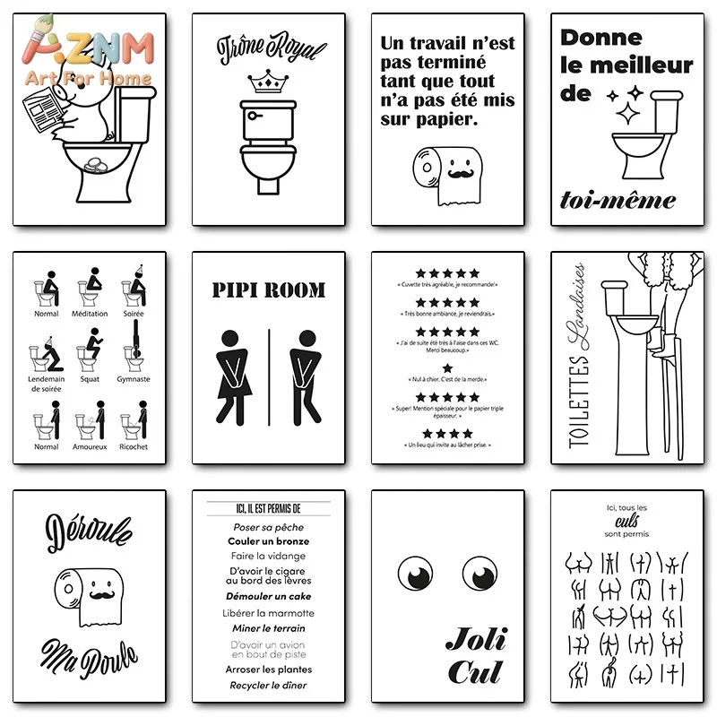 AZNM Funny French Toilet Quote Canvas Poster Frameless Wall Art Black White Line Drawing Humorous Bathroom Sign Print For Restro
