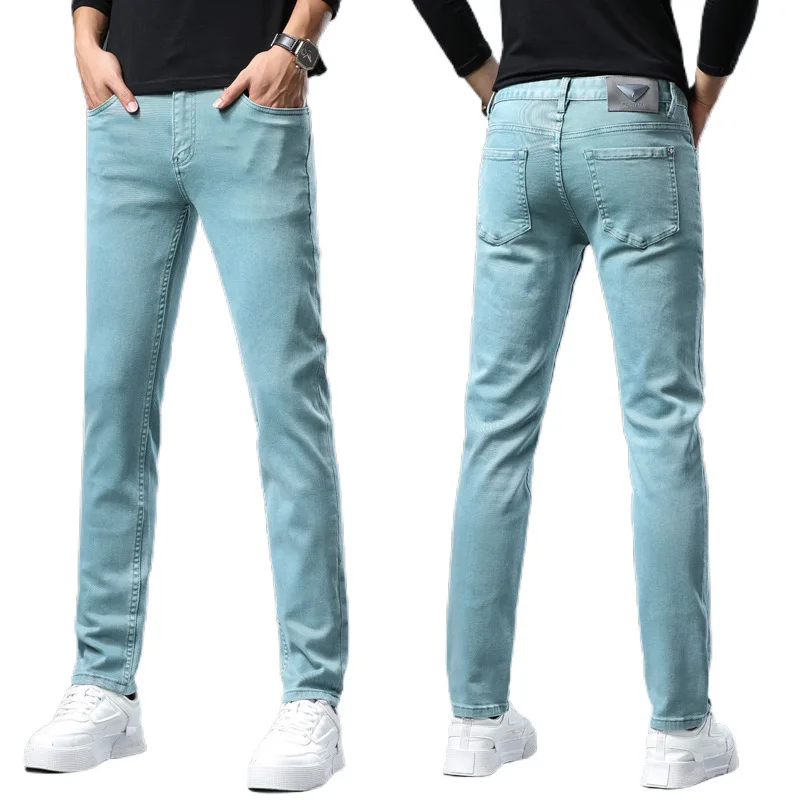 Sky blue jeans men 2024 Autumn New style skinny casual versatile high-end stretch slim trousers