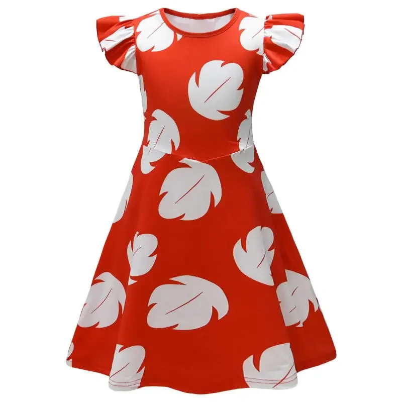 Cute Tropical Cartoon Dress for Girls Summer Hawaiian Red Leaf Pattern Kids Knee Length Skirt with Flowy Sleeves 3-10Y
