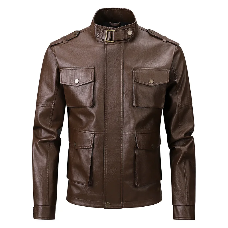 

2025 Spring Autumn Leather Jacket Man Korean Style Slim Fit Stand Collar Motorcycles Coats Male Chic Multi Pocket PU Jackets Men