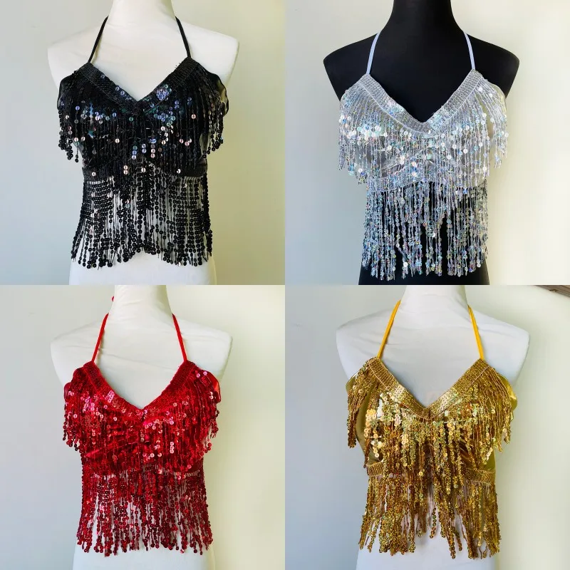 Sexy Glanzende Pailletten Fringe Buikdans Top Nachtclub Prestaties Halter Bh Vest Dansshow Feestkostuums Zomer Strand Crop Tank