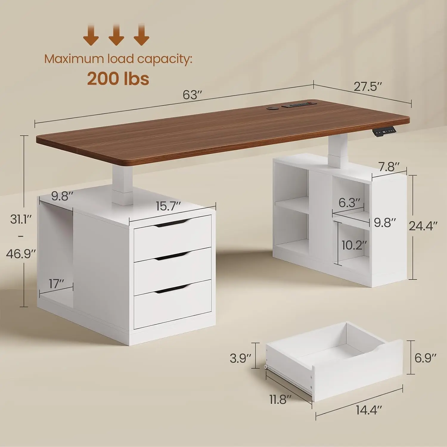 Modern Electric Standing Desk, 63" Height Adjustable Computer Desk with 3 Drawers, Storage Shelves, Power Outlets, Wood, Custom - view 2