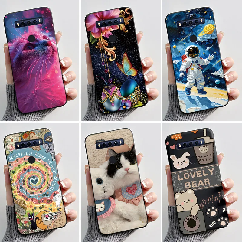 Carcasa para TCL 10 SE, funda estética a la moda con bonito gato astronauta, funda trasera negra de silicona suave a prueba de golpes para teléfono TCL 10SE