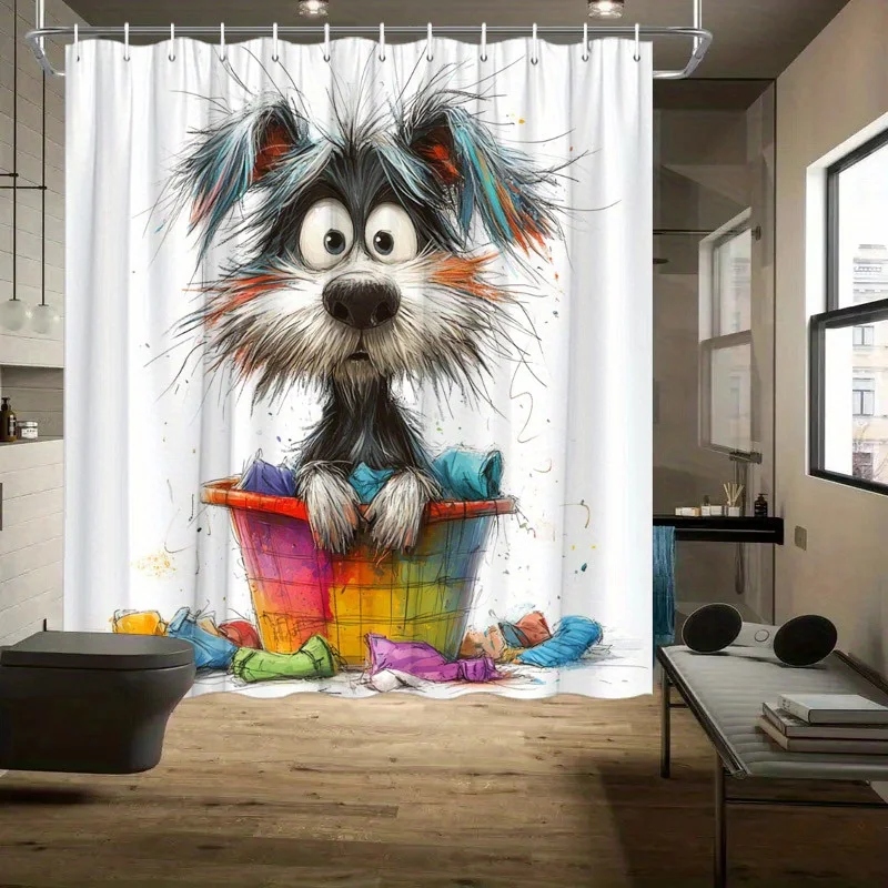 Fashion Polyester Rainbow Dog Shower Curtain with Candy Bucket Design, Washable and Line Dry