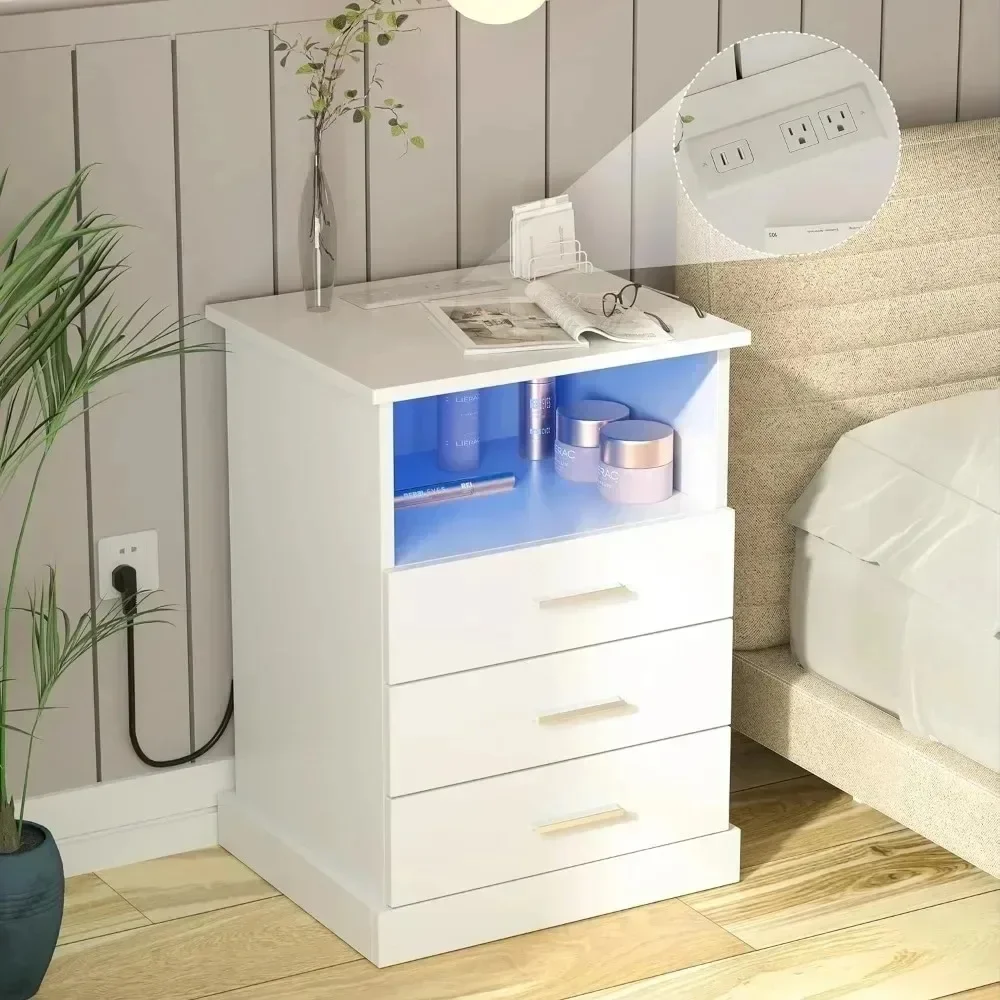 Mini Bedside Table With Charging Station LED Light Bedside Table With 3 Drawers Bedroom Furniture Home