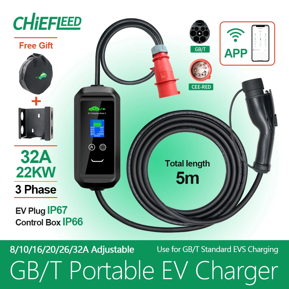 Chiefleed 22KW 32A 3 fasi GBT caricatore portatile EV controllo APP wi-fi stazione di ricarica EVSE per caricabatterie per auto elettrica