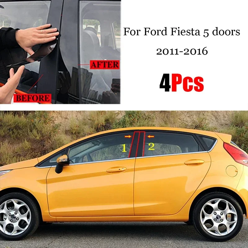 

4pcs Car Black Mirror Middle Column PC Window Trim B C Pillar Strip Sticker For Ford Fiesta 5 doors 2011 12 13 14 15 2016