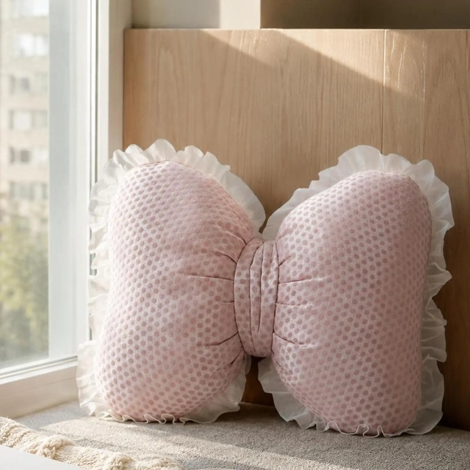 Fluffy Bow Knot Lace Dot Pillow Soft Plush Decorative Toss Cushion for Sofa Window Seat Bedroom