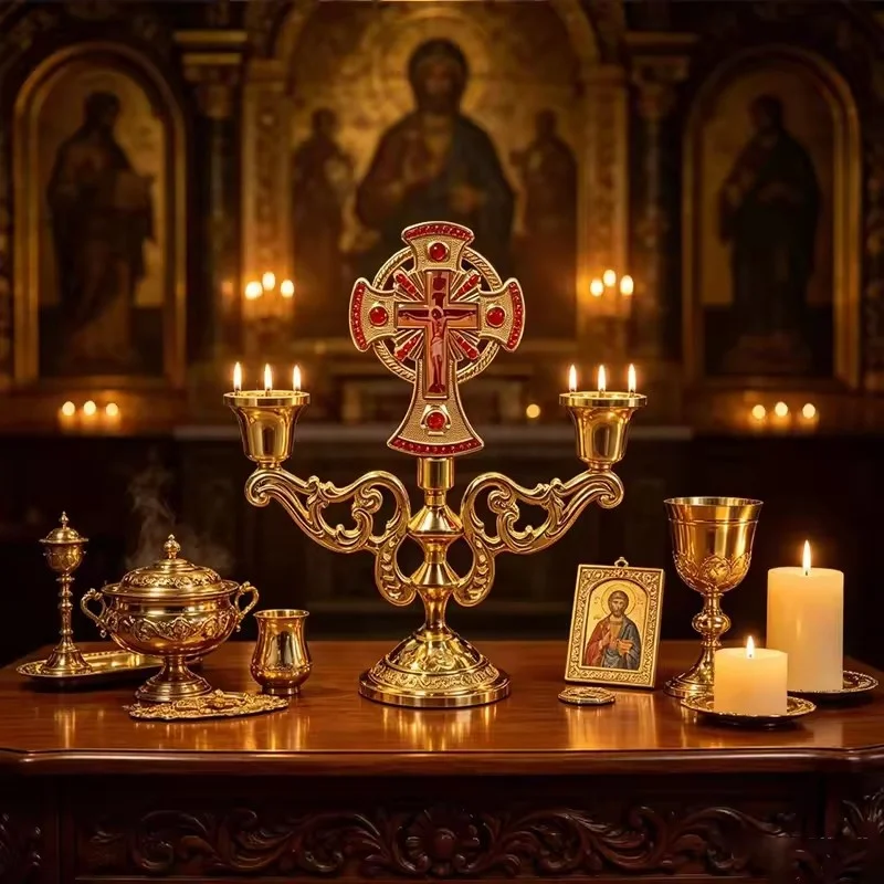 Byzantine Gold Candelabra with Red Gem Cross Ornate Brass Church Altar Candle Holder for Catholic Orthodox Religious Decor
