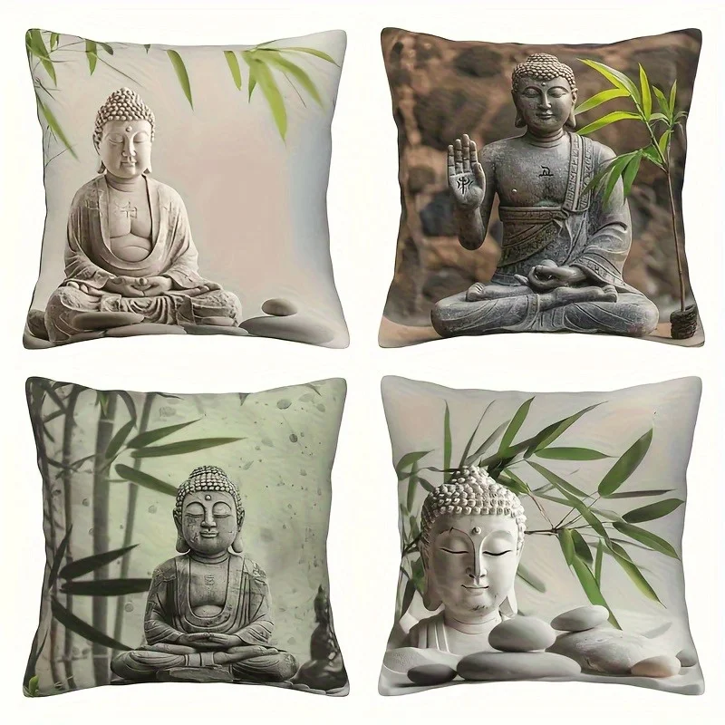 Zen-inspired Buddha statue digital printing pillow cover Short plush Suitable living rooms bedrooms sofas throw cushion cover