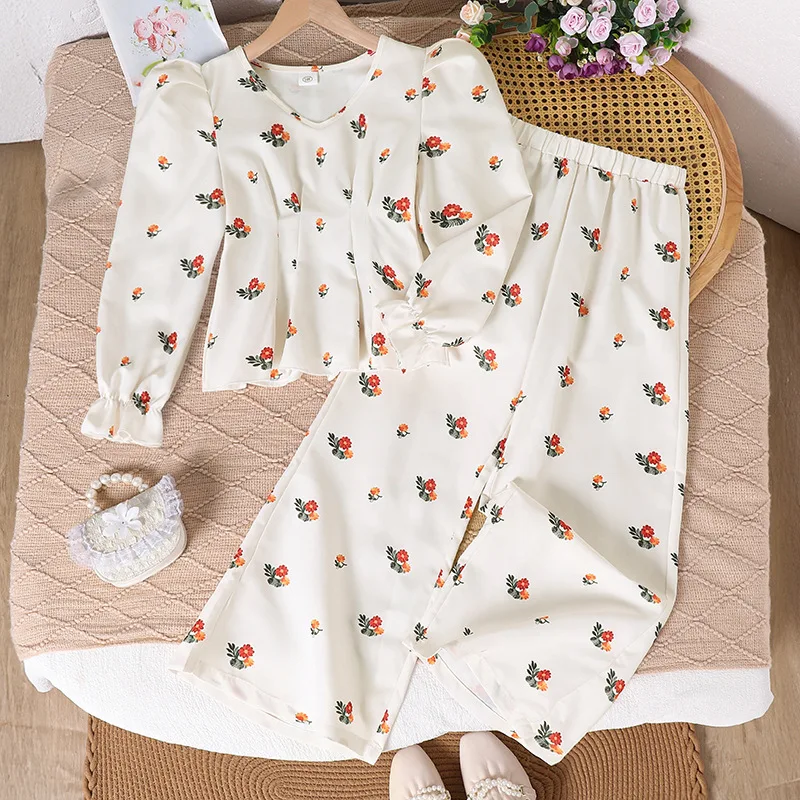 

8-12Y Girls Autumn Spring Sets 2025 New Fashionable Casual Daily Floral Print Bubble Sleeve Top and Wide Leg Pants 2-Piece Set