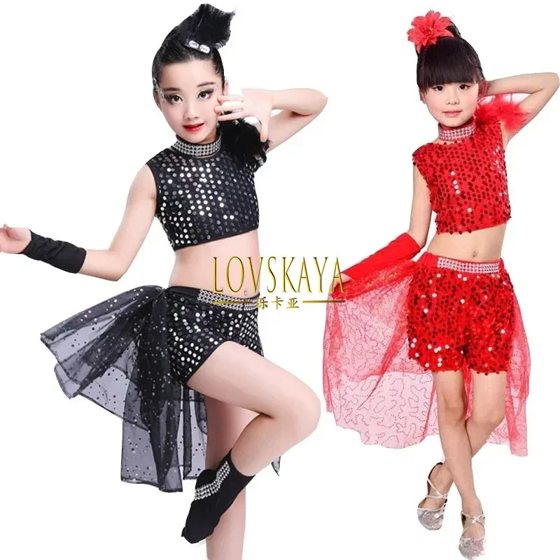 

Hip Hop Set Children Sequins Dancing Suit Red Black Jazz Costumes for Girls Stage Dance Clothing