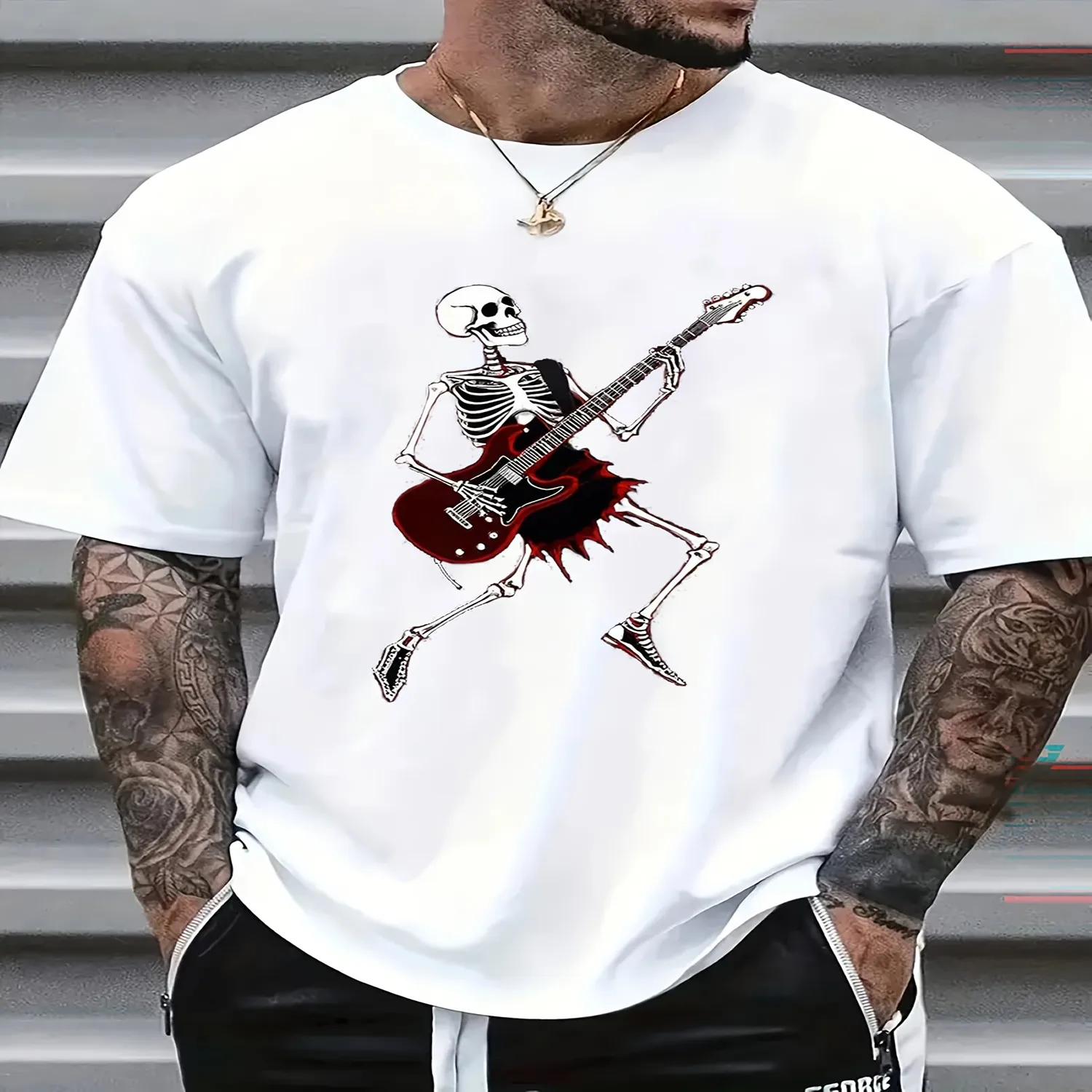 Men's Streetwear Rock Skeleton Playing Guitar Graphic Casual T-Shirt lightweight tshirt, unisex t-shirt