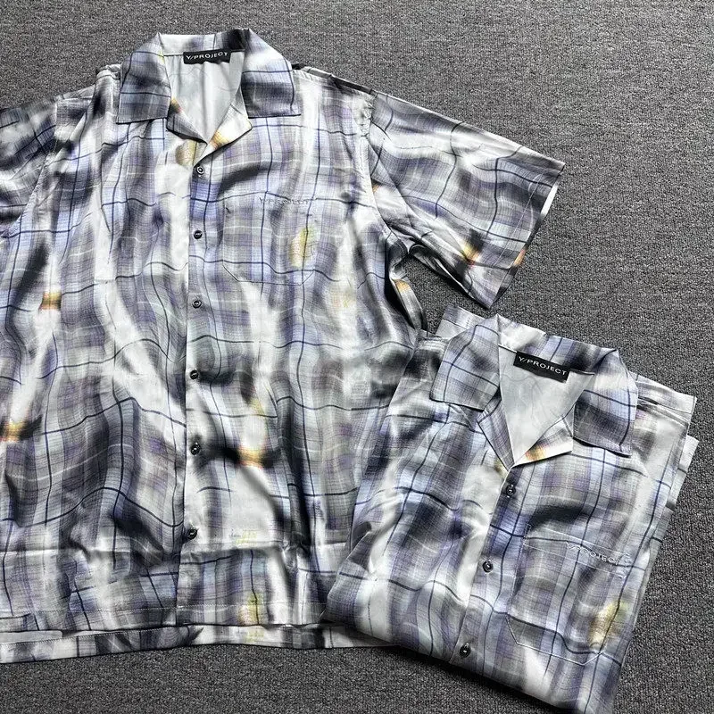 Y/project pleated misplaced plaid digitally printed cuban collar shirt