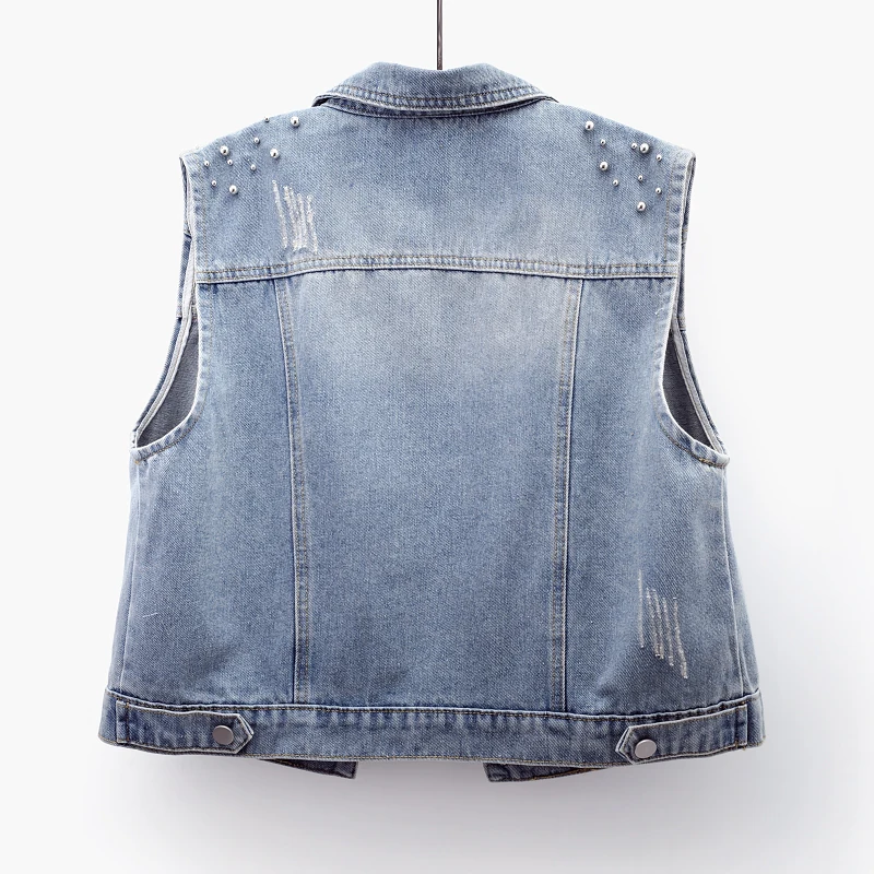 2025 Summer New Beaded Diamond Frayed Light Blue Slim Short Denim Vest Women Fashion Lapel Sleeveless Cowboy Waistcoat Female