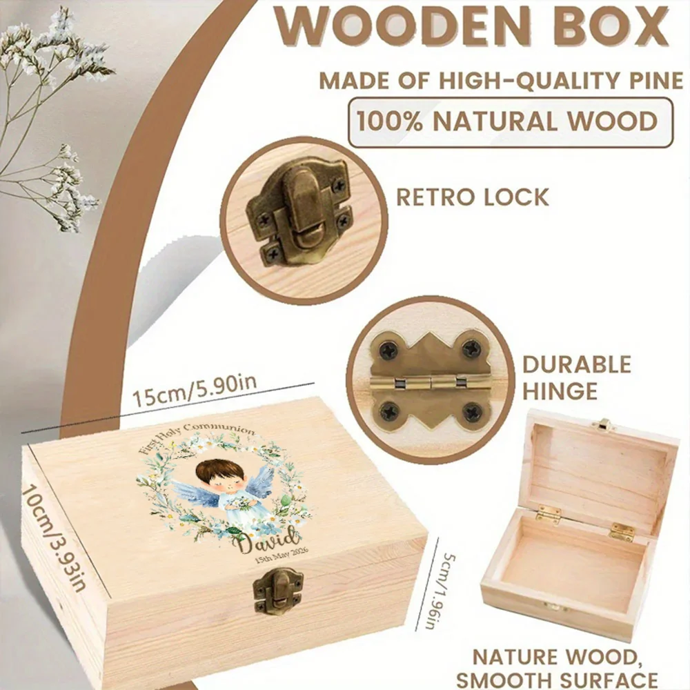 Personalised First Holy Communion Wooden Box Baptism Wooden Keepsake Box with Name/date Baptism Gift First Communion Gifts view 3