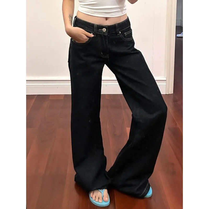 

Женские широкие джинсы с низкой талией в американском стиле ретро, осенне-зимний модный дизайн, свободные драпированные высокие широкие брюки удлиненной длины