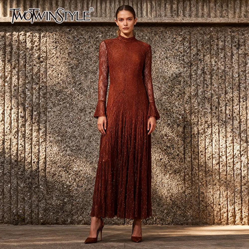 TWOTWINSTYLE Afslanken Sheer Spliced Lace Elegante Jurken voor Vrouwen O Hals Lange Mouwen Patchwork Hot Fix Mode Jurk Vrouwelijke