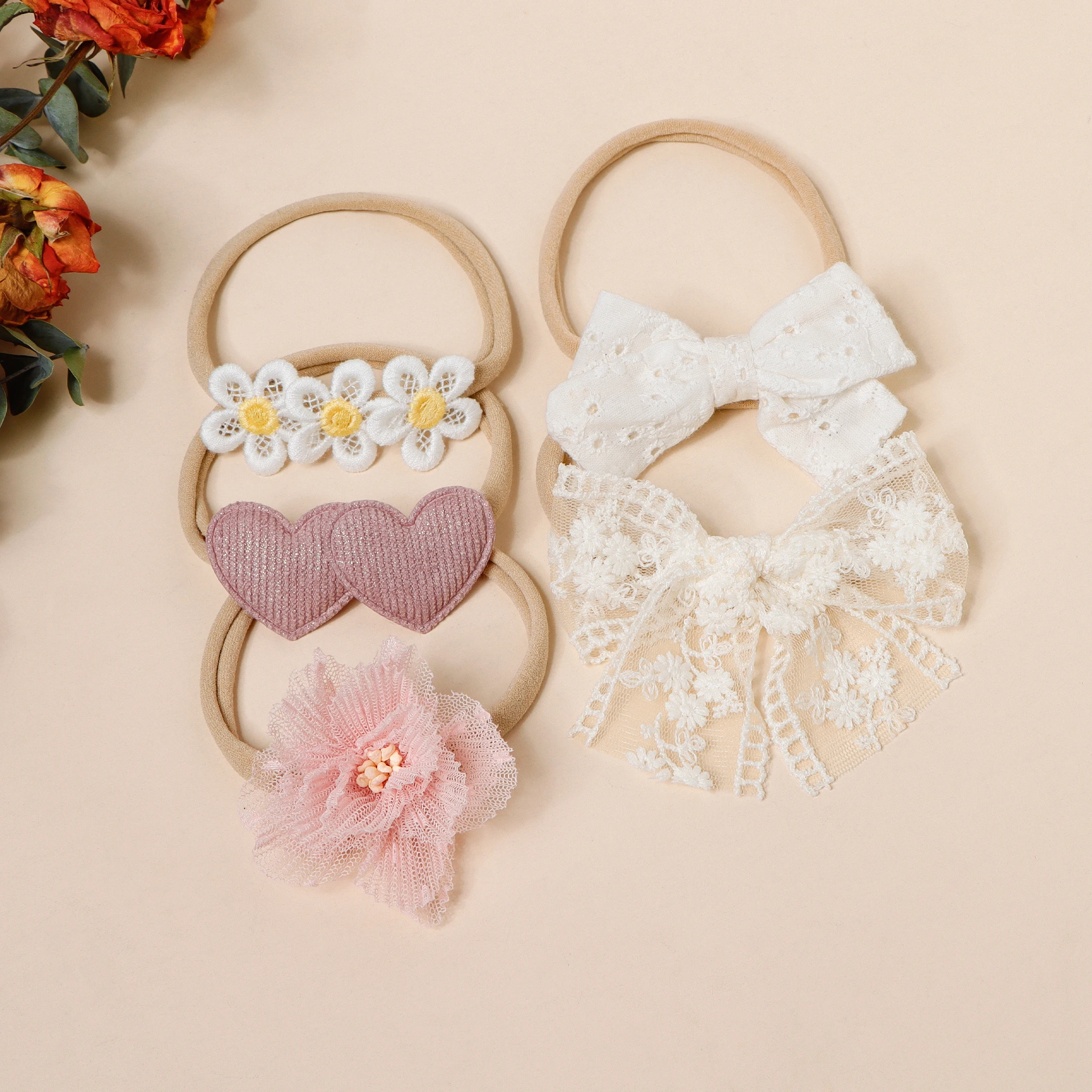 5 stücke Rosa Spitze Simulation Blumen Haar Zubehör Für Neugeborene Mädchen Spleißen Blumen Stirnband Baby Foto Dekor Nette Haarband – Detail 8