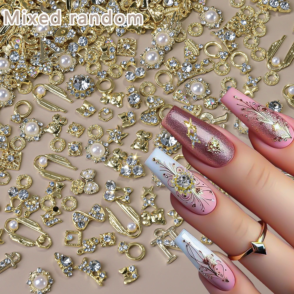 

50Pcs Mixed Alloy Bow Butterfly Nail Art Charms Gold/Silver Multi-shape Metal Crystal Rhinestones DIY Nail Art Decorations