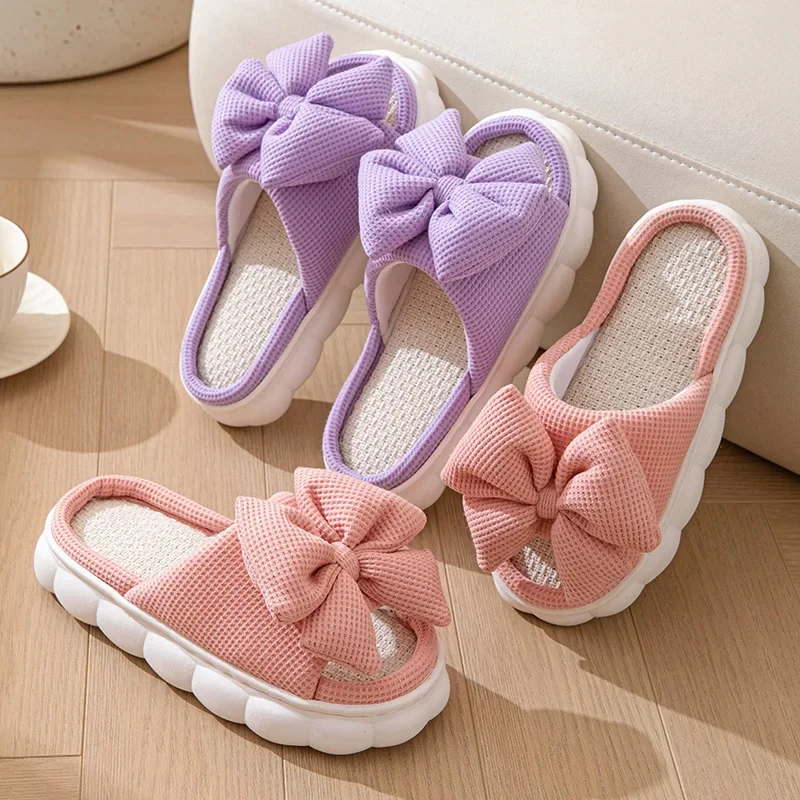 2024 New Solid Color Three-dimensional Bow Thick Soled Korean Style Sweet Four Season Home Wooden Floor Open Toe Slippers