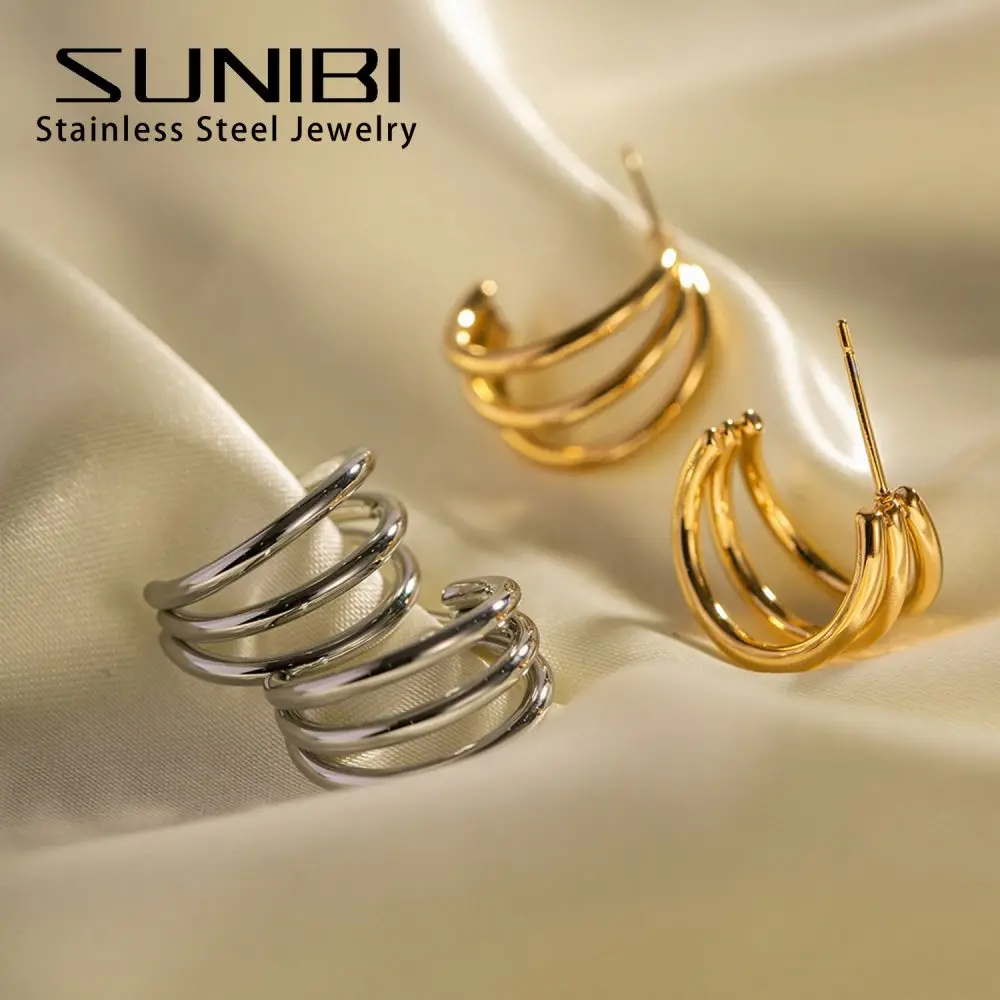 Pendientes de aro clásicos de acero inoxidable para mujer, joyería con aguja de tres filas, diseño simple, pendientes metálicos, regalos al por mayor, novedad de 2022