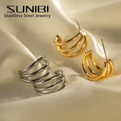 2022 New Classic Stainless Steel Hoop Earrings for Women Jewelry Needle Three Row Simply Design Metallic Earring Gifts Wholesale