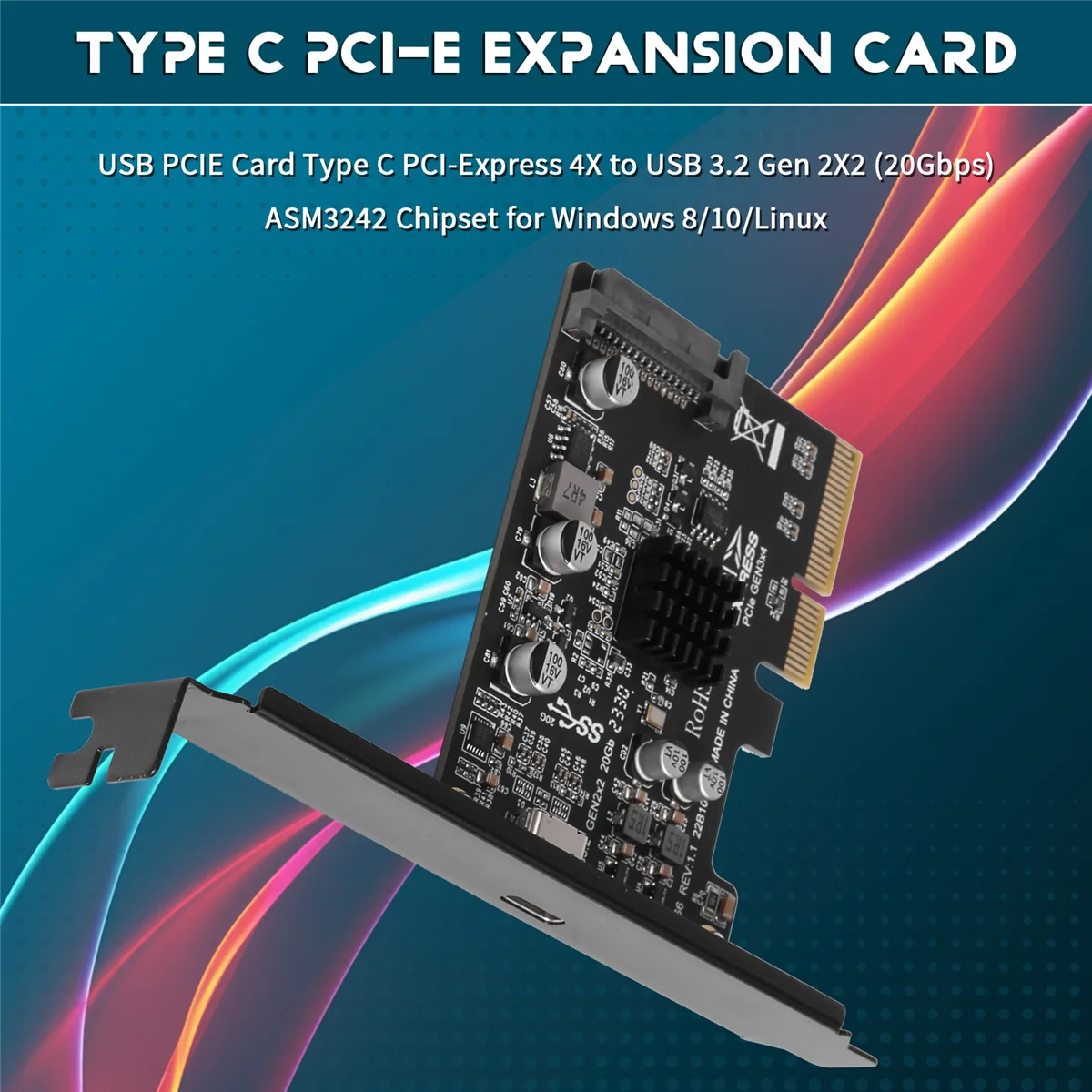 Carte PCIE USB Type C, PCI-Express 4X vers USB 3.2, Puce ASM3242 Isabel 2X2 (20Gbps) pour Windows 8/10/Linux