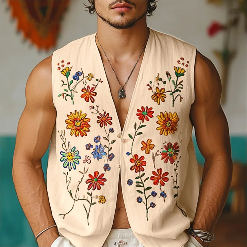 

INCERUN Men Tank Tops Flower Printing V Neck Button Sleeveless Male Vests Streetwear Summer 2025 Fashion Casual Male Clothing