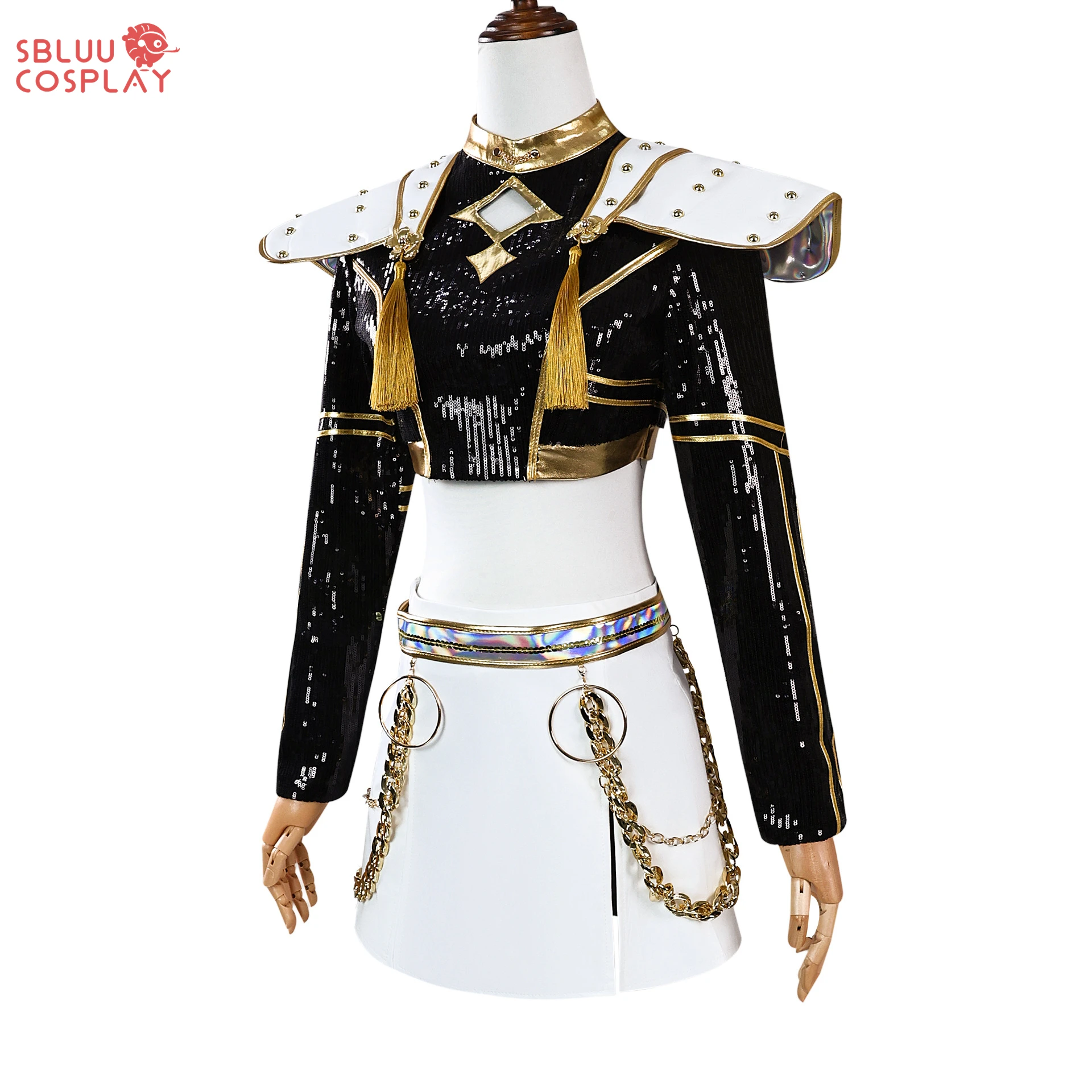 SBluuCosplay Kpop Zoey Mira Rumi Cosplay Huntrix Kostum Pemburu Iblis Wig Gaun Hitam Emas Pakaian Pesta Halloween