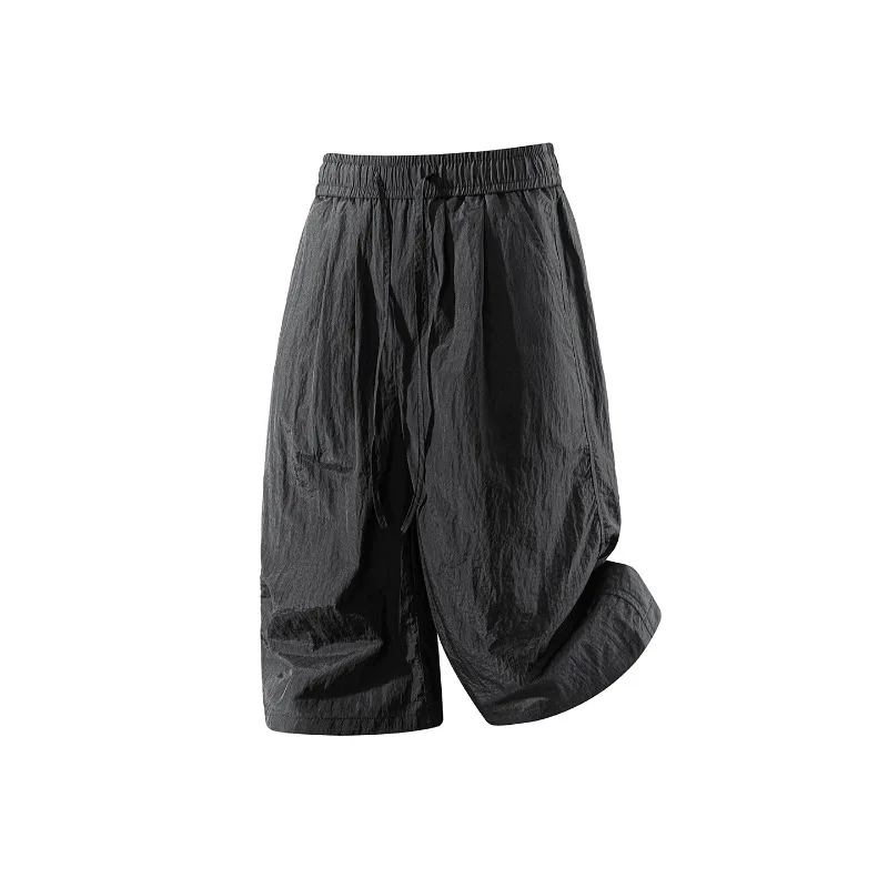 2026 New Men's Ice Silk Cropped Pants Black Korean American Style Loose Straight Leg Summer Casual Sportswear