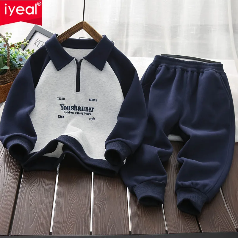 

IYEAL Boys' Set 2025 Spring and Autumn New Style Boys' Knitted Fashion Turndown Collar Sweatshirt+Sports Pants 2-piece Set
