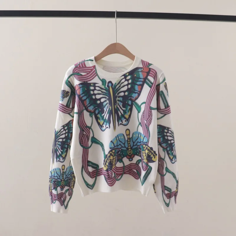 

Women's Sweater Butterfly Printed Pullover Sweaters O Neck Jumpers Autumn Winter Female Clothing Fashion Long Sleeve Knitted Top