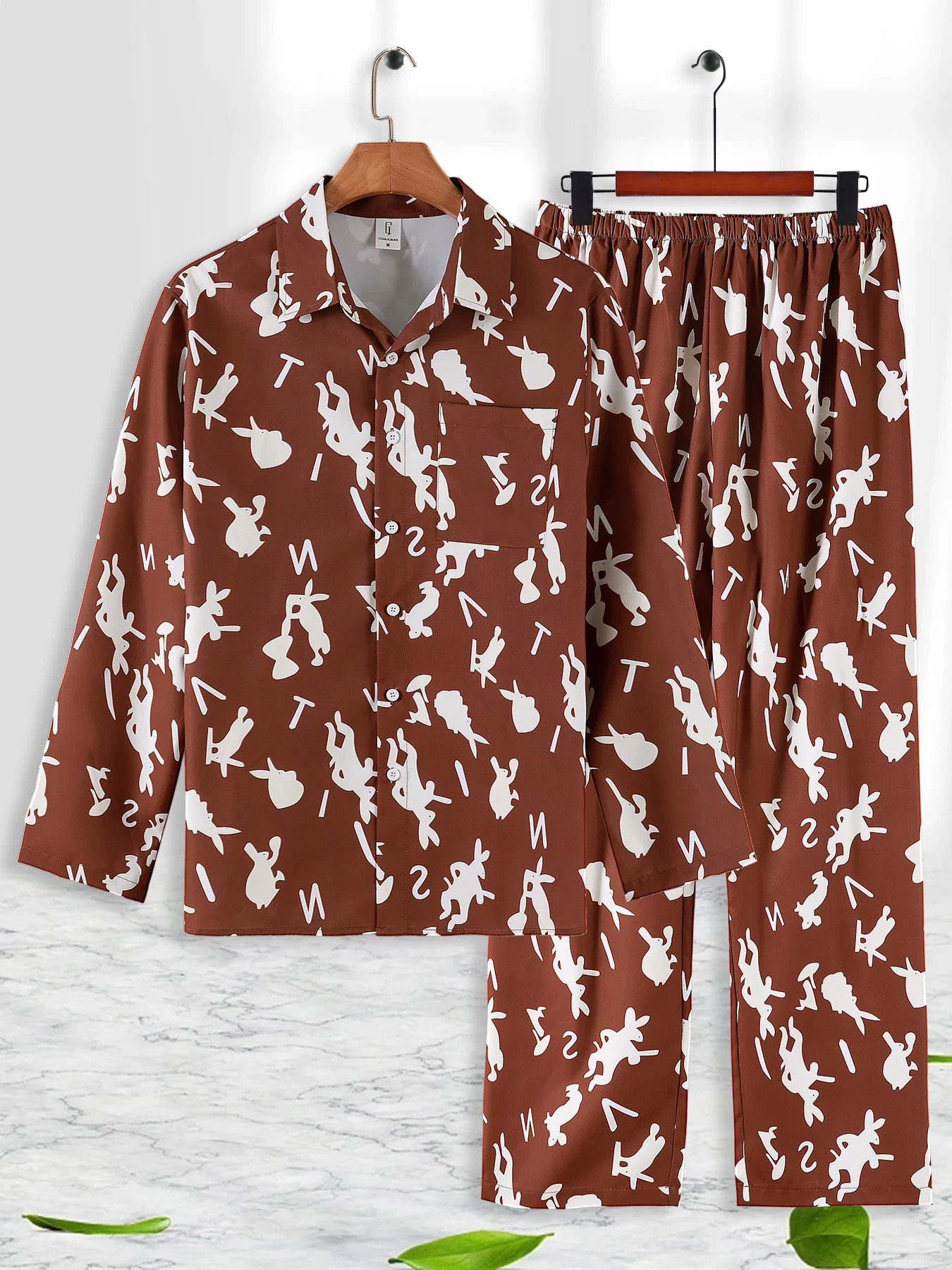 Men's Brown All-Over Rabbit & Letter Print Lapel Cardigan Loungewear Set Spring Autumn Casual Pajama 2 Piece Outfit Multiple Versions with Sub-Titles (Coverage Included)