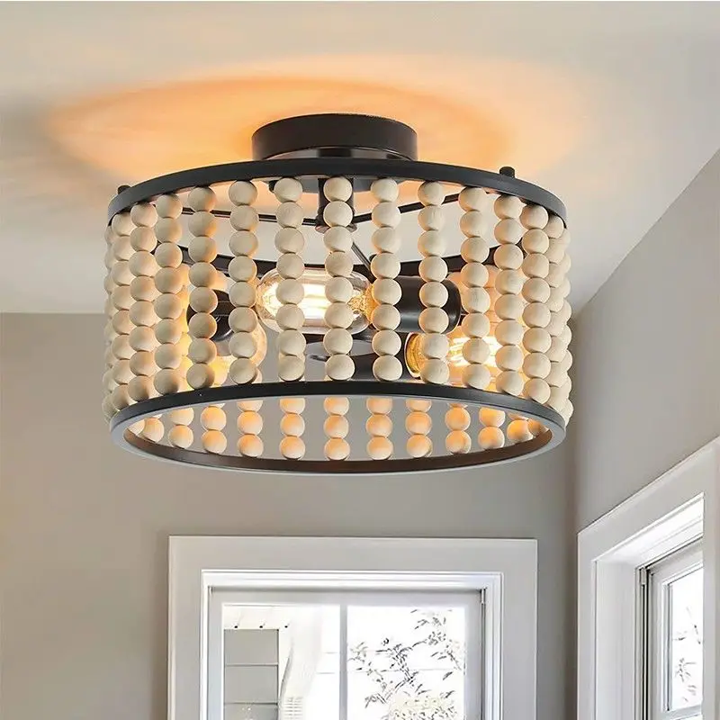 

Wood Beads Ceiling Lamp Nordic Style Round Living Room Bedroom Hallway Lighting Fixture