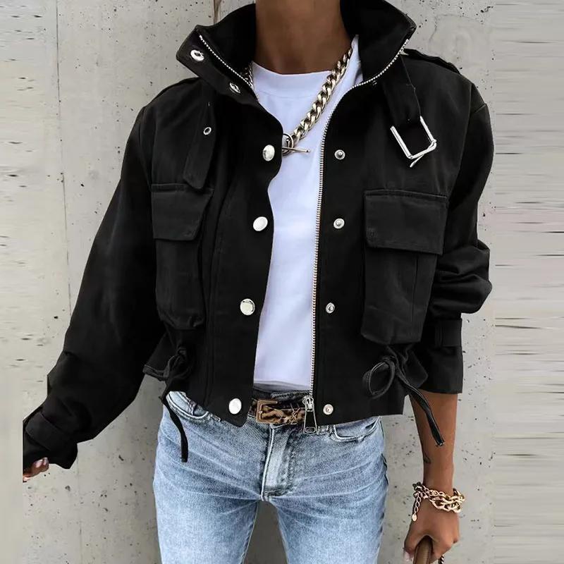 Women Long Sleeve Patch Pocket Coats Winter Street Cropped Bomber Jacket Fashion Graphic Stand Collar Buckle Slim Outwear 2024