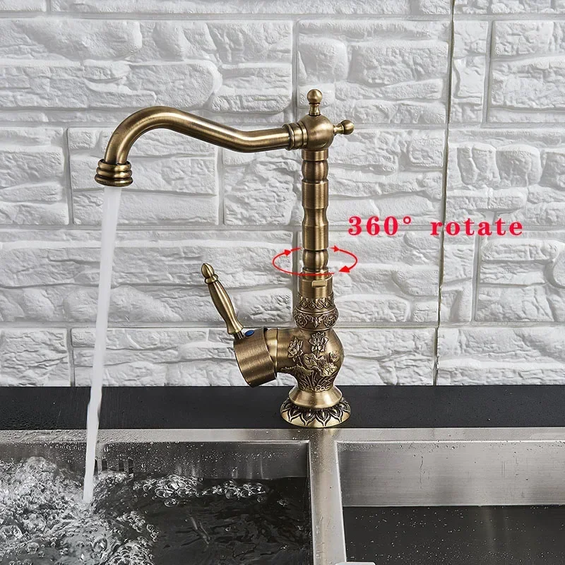 FOR Antique Brass Bathroom Basin Carved Faucet Europe Style Para Sink Tap  Rotation Single Handle Mixer Tap