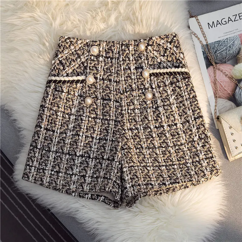 Kimotimo Small Fragrance Tweed Shorts Women Autumn Winter Beaded High Waist Thick A Line Wide Leg Short Pants Vintage Outfits