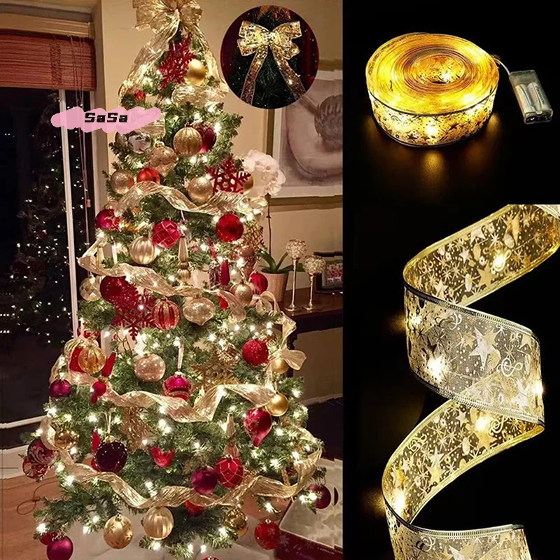 Christmas Ribbon String Lights 50/100 LED DIY Bows Light for Christmas Tree Home New Year Venue Wedding Party Decoration