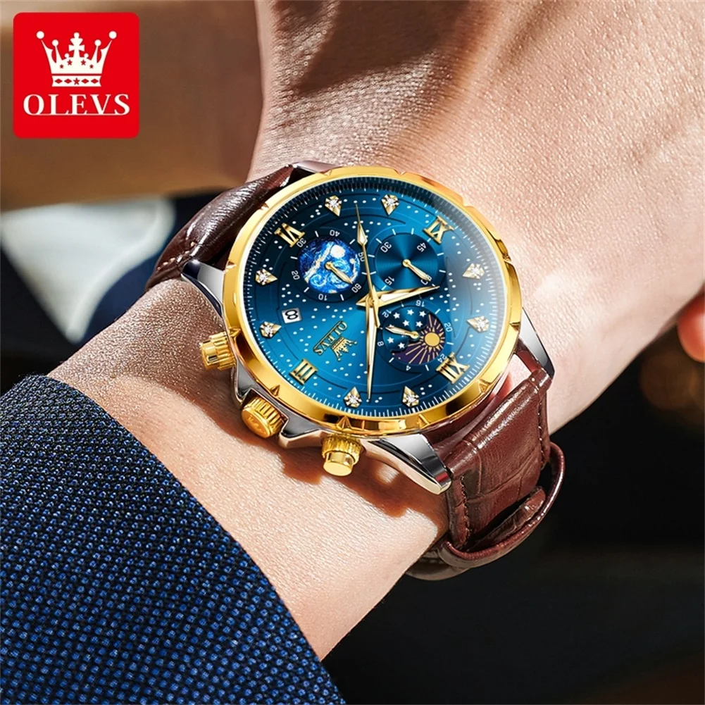 OLEVS Luxury Quartz Watch for Men Fashion Starry Sky Moon Phase Chronograph Auto Date Hand Clock Waterproof Luminous Men\'s Watch