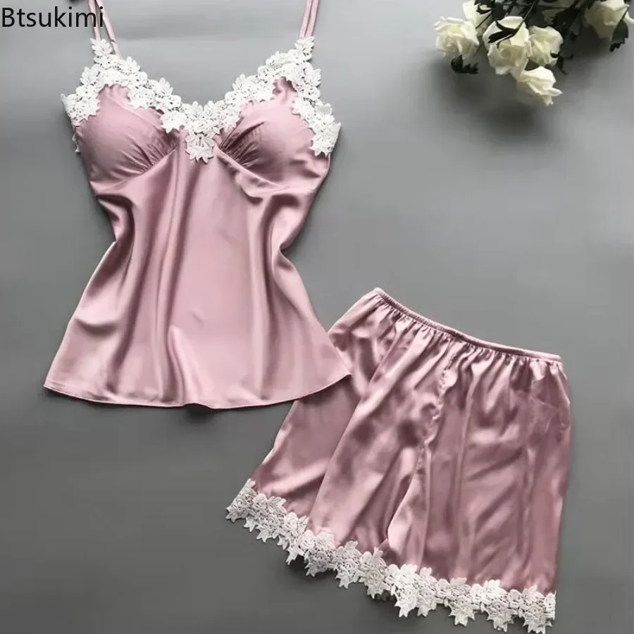 

2024 Women Clothing Sexy Milk Silk Pajamas Two Piece Sets Fashion Lace Suspenders Shorts Nightdress Suit Ladies Home Loungewaer