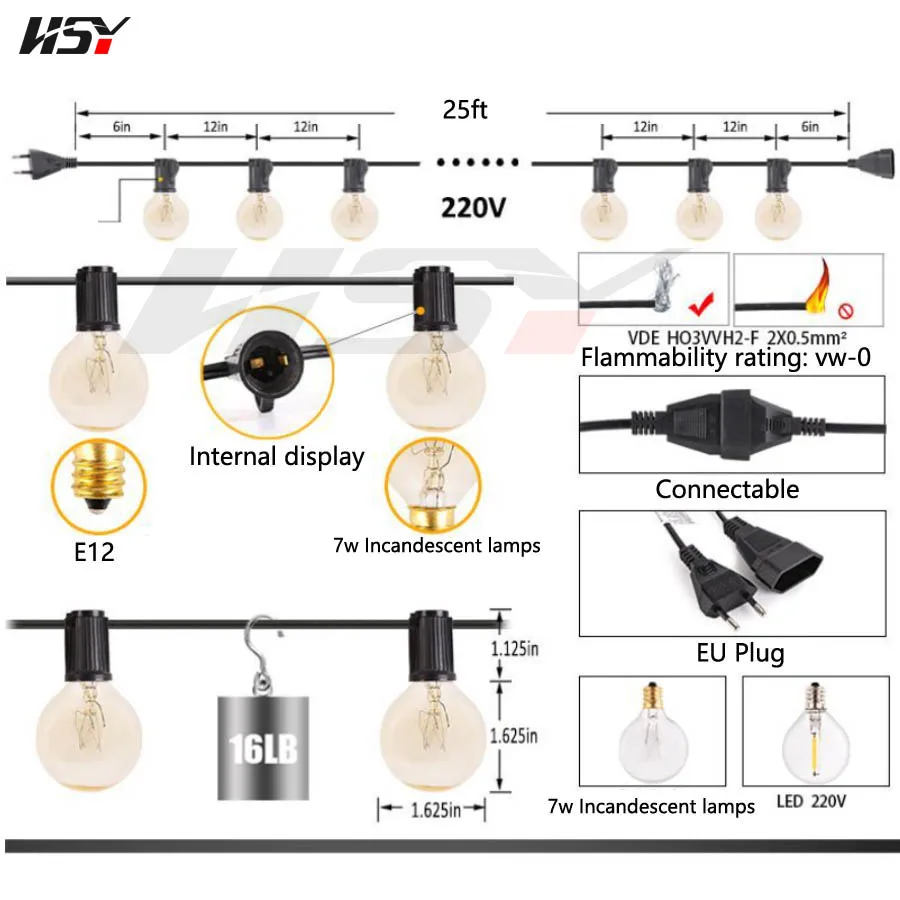 E12 Soket 25FT G40 Küre Ampuller 7W 230V IP44 Bahçe Arka Bahçe Sundurmalar Gazebos Pergolalar Düğün Noel Işıkları Akkor Stri