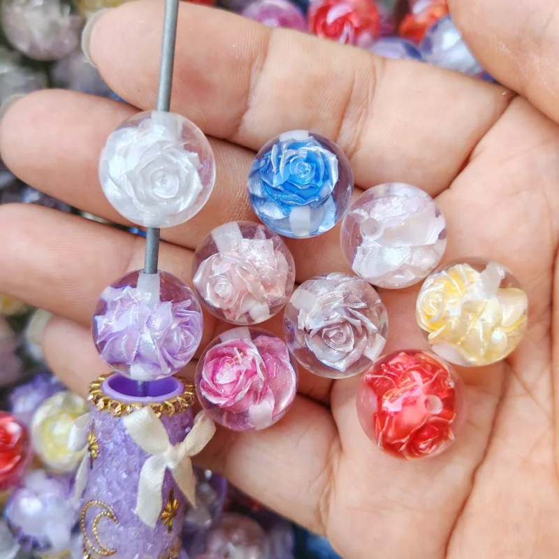 10Pcs 16mm Rose Round Resin Beads for DIY Jewelry Making, Bracelets, Necklaces, Crafts - Durable & Lightweight Transparent Resin