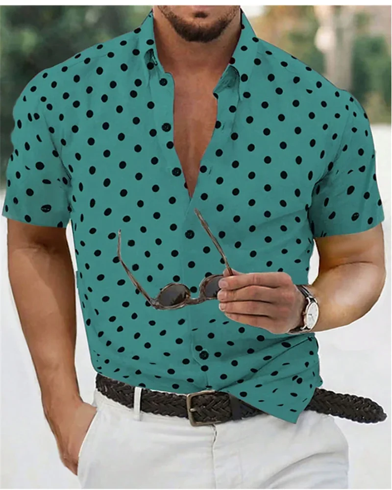 Men's shirt summer beach shirt black and white short sleeve polka dot lapel vacation clothing fashionable casual comfortable 5XL